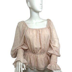 DO + BE Blouse Pink S Texture Balloon Sleeve Smocked Ruffle Square Neck Metallic